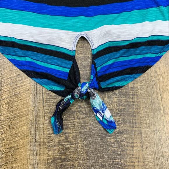 Full Tilt striped cold shoulder short sleeve blouse front tie teal - Picture 4 of 5